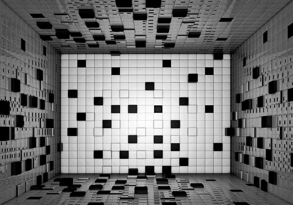 Популярные флизелиновые фотообои квадраты 368x254 см 3D-комната из черно-белых кубиков (2582V8)+клей