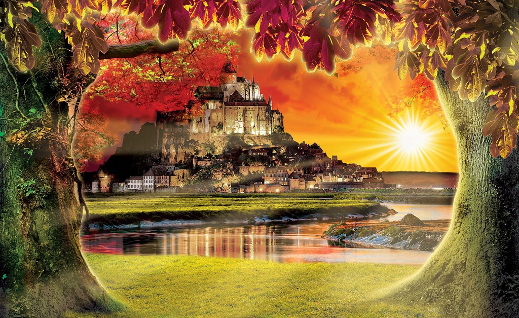 Флизелиновые фотообои для кухни 416x254 см Красивый замок на закате (2600VEXXXL)+клей