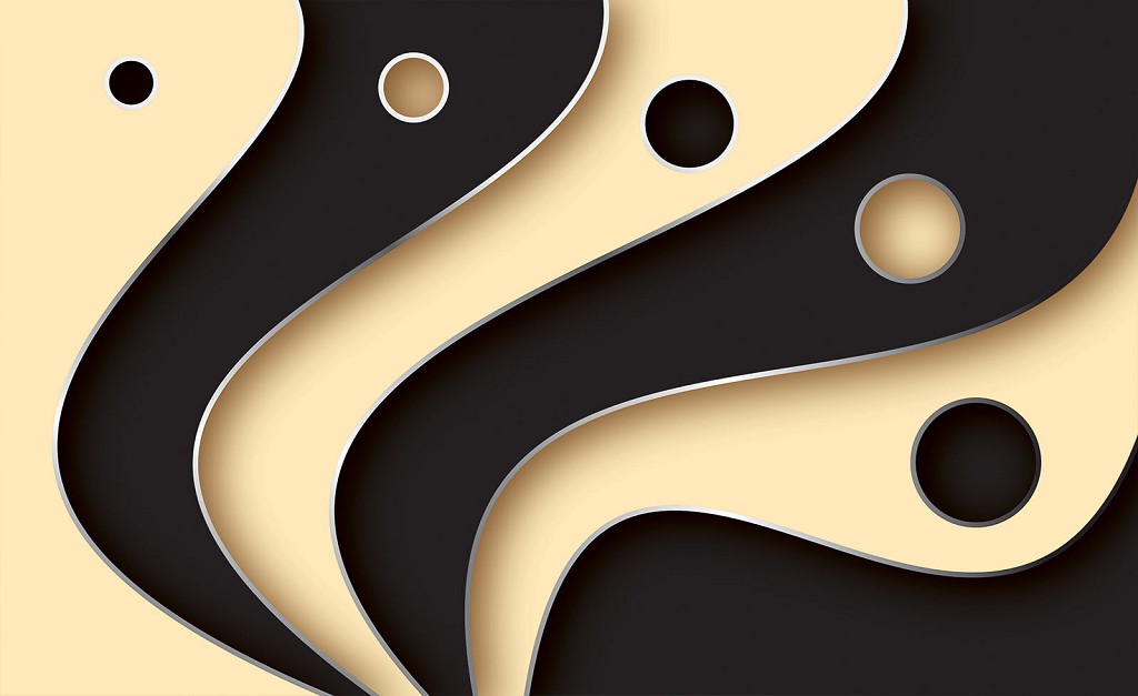 Красивые флизелиновые 3д фотообои на кухню 368x254 см Черные и кремовые круги и волны (2611V8)+клей