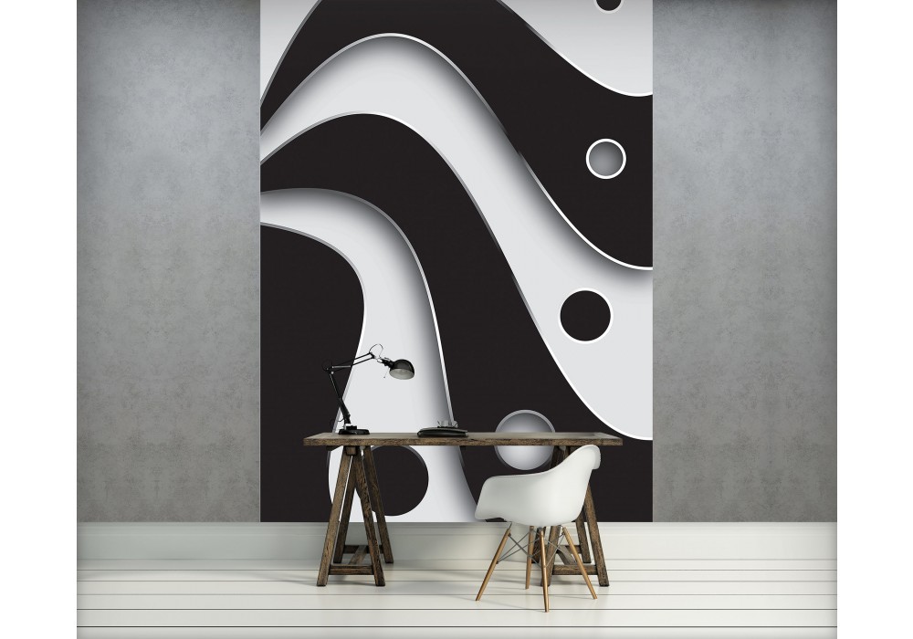 Популярные флизелиновые 3д фотообои 184x254 см Черно-белые круги и волны (2612V4A)+клей