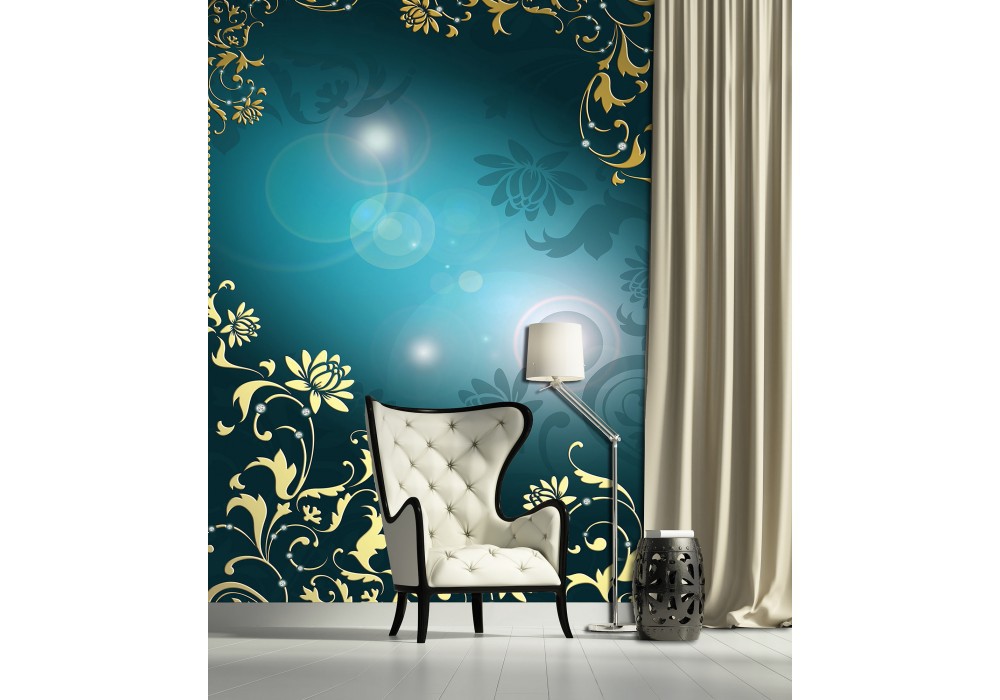 Флизелиновые фотообои красивые 206x275 см Цветочный узор Золотой Синий (2659VEA)+клей
