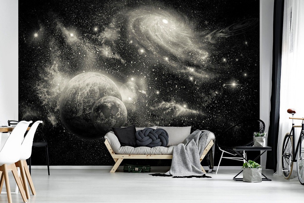 Флізелінові фотошпалери космос 416x254 см Чорно-біла планета на тлі галактики (2732VEXXXL)+клей