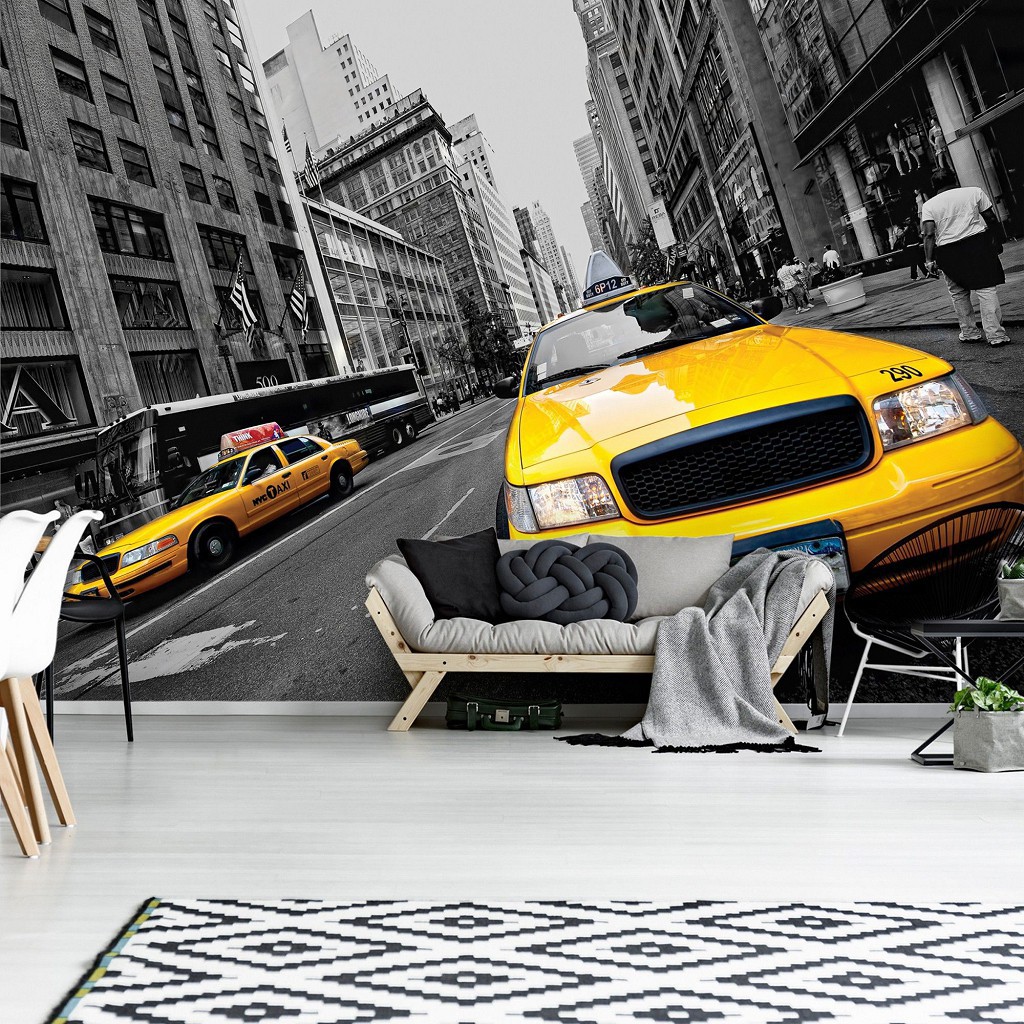Флизелиновые 3д фотообои с машинами черно-белая улица 368x254 см Желтые такси в городе Нью-Йорк (2766V8)+клей