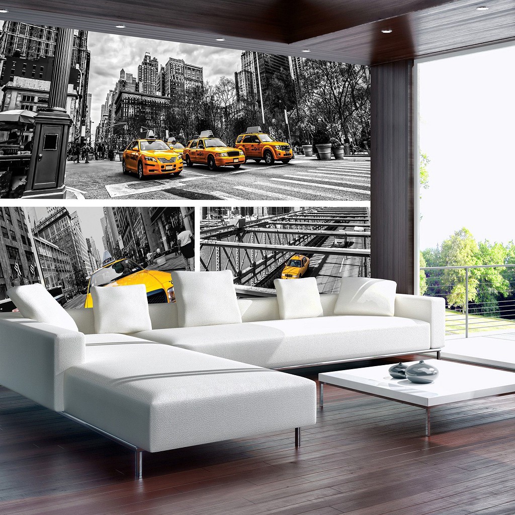 3d флізелінові фотошпалери міста машини чорно-біла вулиця 368x254 см Колаж жовтих таксі у Нью-Йорку (2767V8)+клей