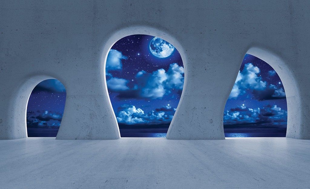 Флизелиновые фотообои для зала 254x184 см 3Д Ночное небо за бетонными арками (2821V4)+клей