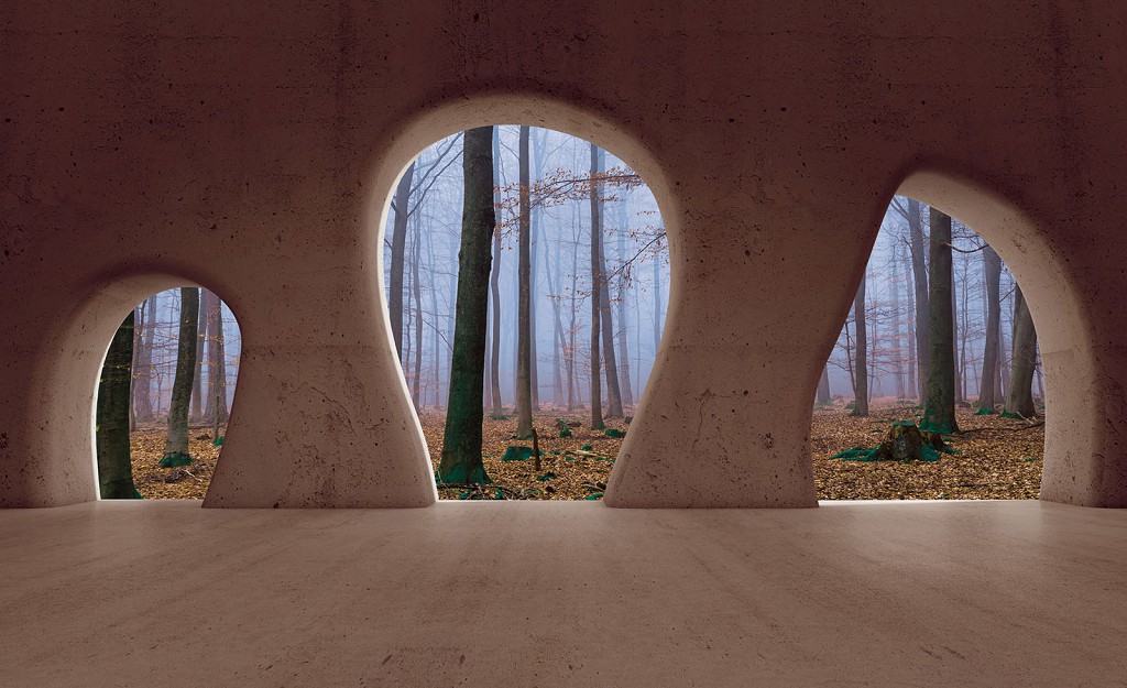 Флизелиновые фотообои на стену 312x219 см 3Д Туманный лес за бетонными арками (2827VEXXL)+клей