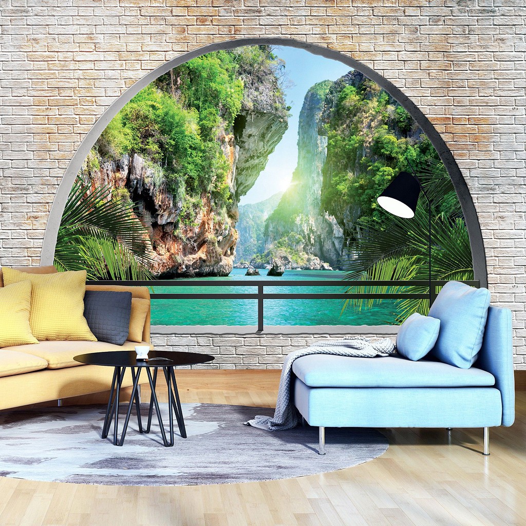 Флизелиновые фотообои природа 368x254 см Вид на скалы за полукруглым кирпичным проемом (2836V8)+клей