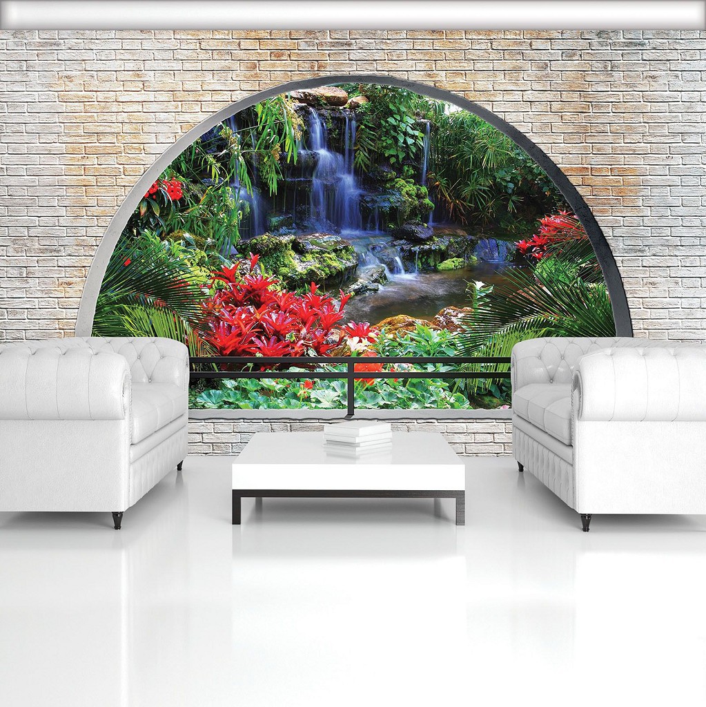 Флізелінові фотошпалери природа 254x184 см 3Д Водоспад за напівкруглим цегляним отвором (2838V4)+клей