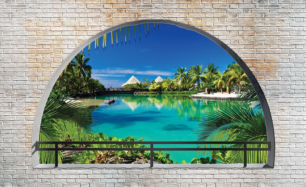 Пляж флизелиновые фотообои 368x254 см 3Д Гавайи за полукруглым кирпичным проемом (2841V8)+клей