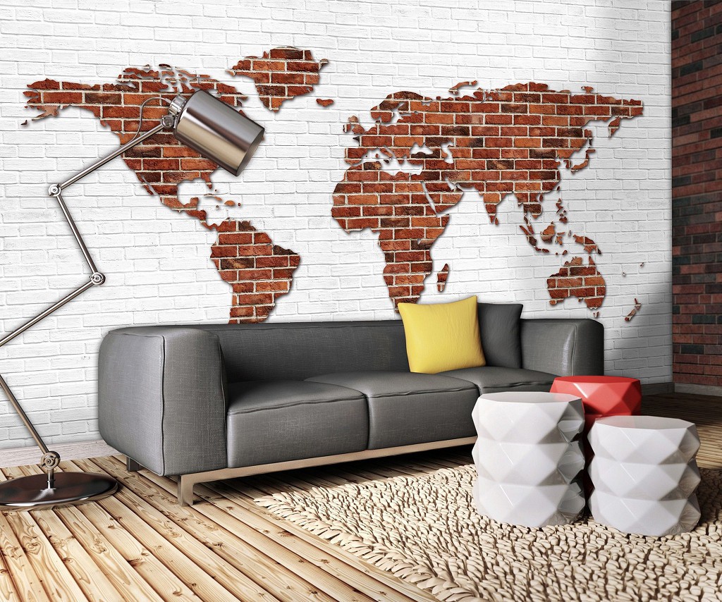 Флизелиновые фотообои белые 312x219 см Карта мира на кирпичной стене (2853VEXXL)+клей
