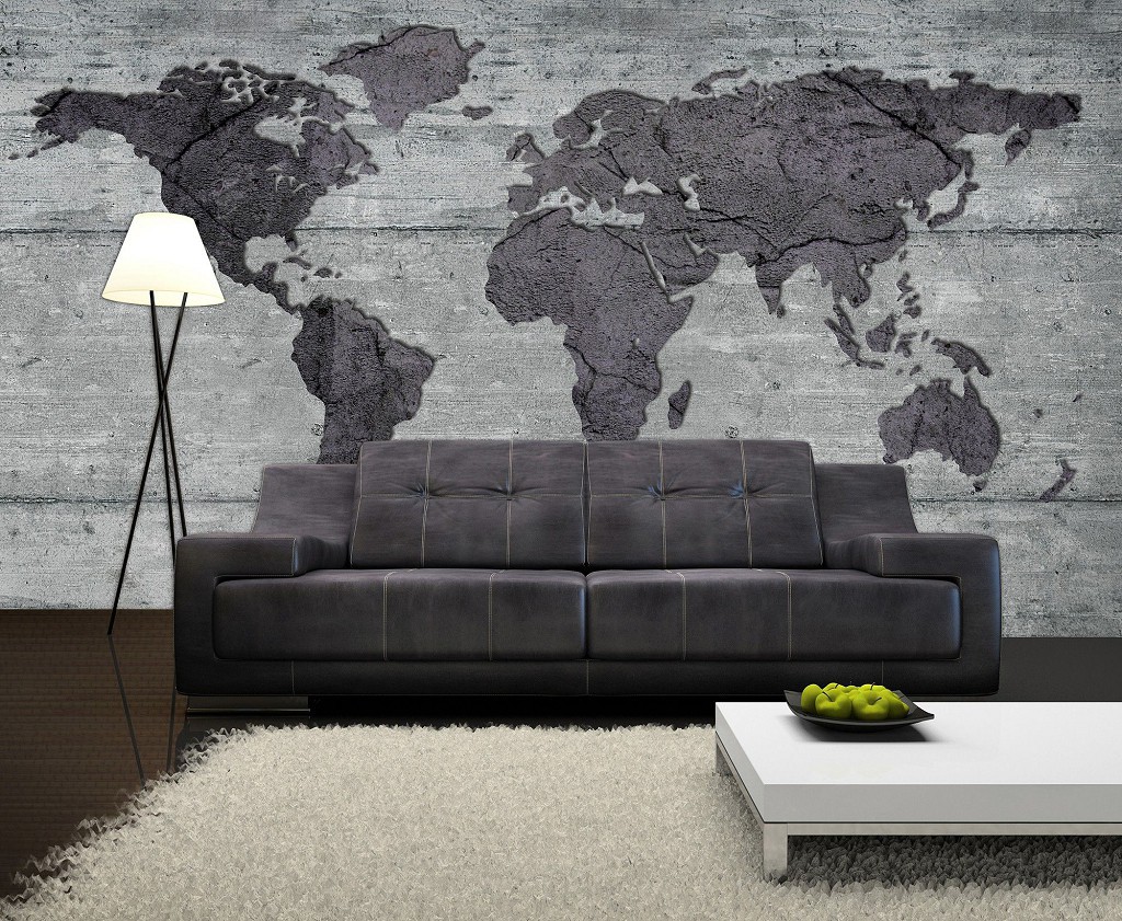 Флізелінові фотошпалери для спальні сірі 312x219 см Карта світу на бетоні (2854VEXXL)+клей