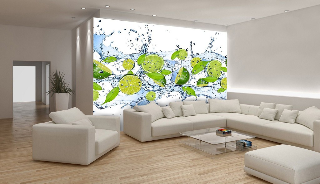 Флизелиновые фотообои фрукты на кухню 312x219 см 3Д Лаймы в брызгах воды (288VEXXL)+клей