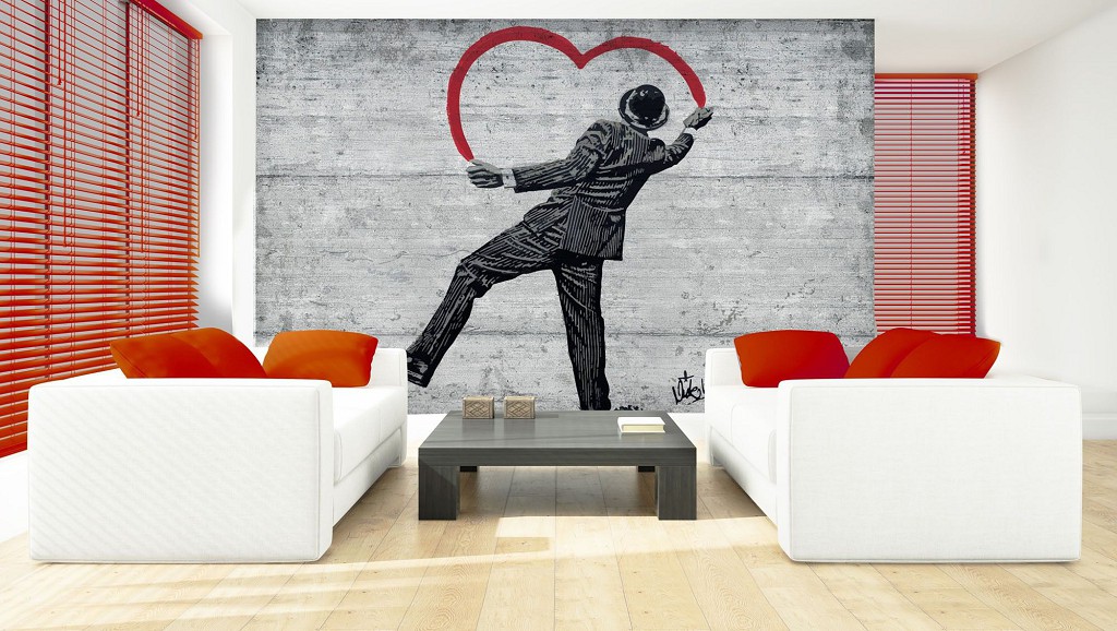 Флизелиновые фотообои граффити на бетоне 312x219 см Влюбленный джентльмен рисует сердце Бэнкси (2898VEXXL)+клей