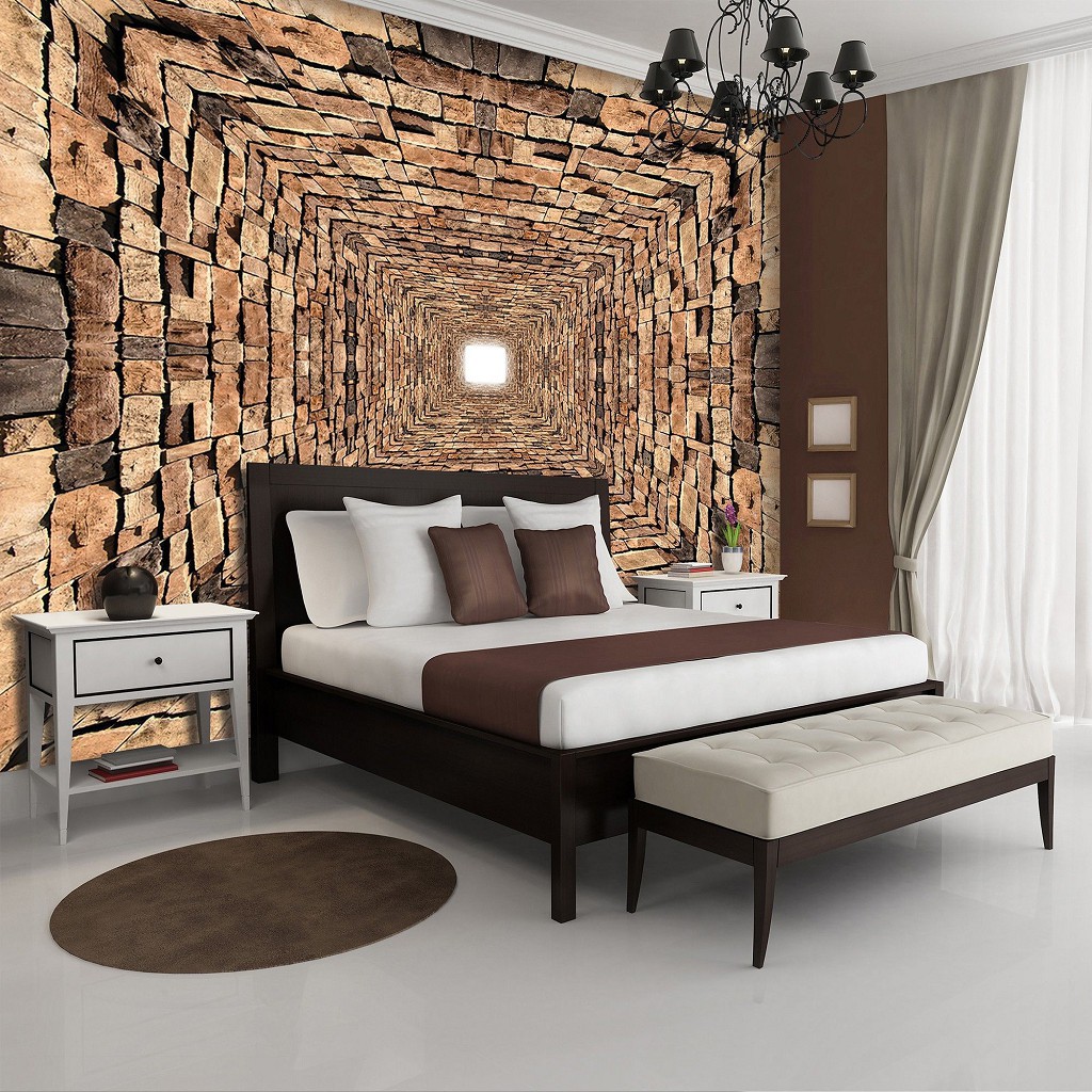 Флізелінові коричневі фотошпалери на кухню стиль лофт 416x254 см Тунель з 3D камінням (2907VEXXXL)+клей