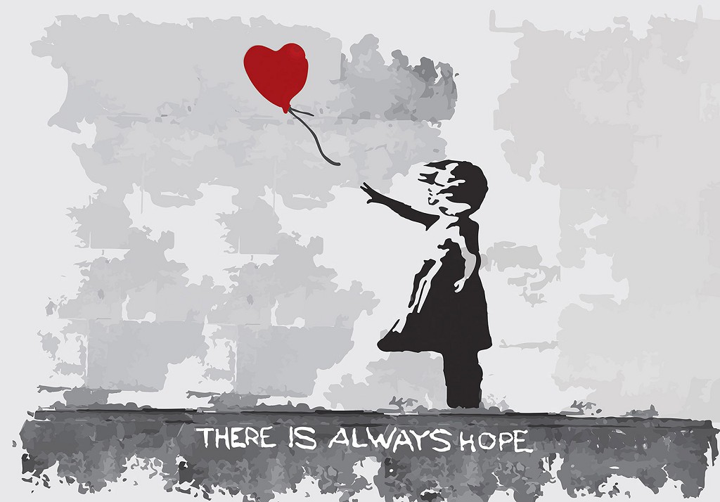 Флизелиновые фотообои граффити бетон 312x219 см Маленькая девочка с воздушным шаром Бэнкси Надежда есть всегда+клей