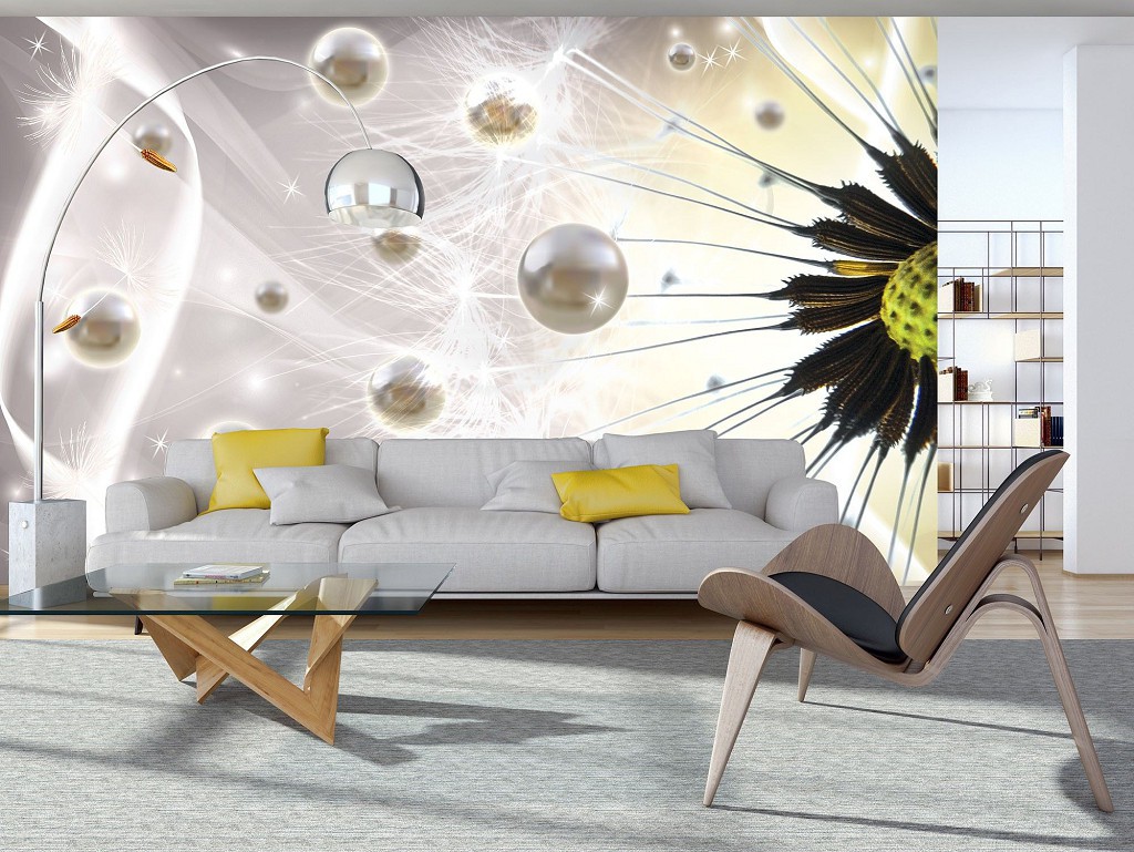 Флізелінові фотошпалери до спальні квіти та кулі 368x280 см 3Д Кульбаба і перли (2946V10)+клей