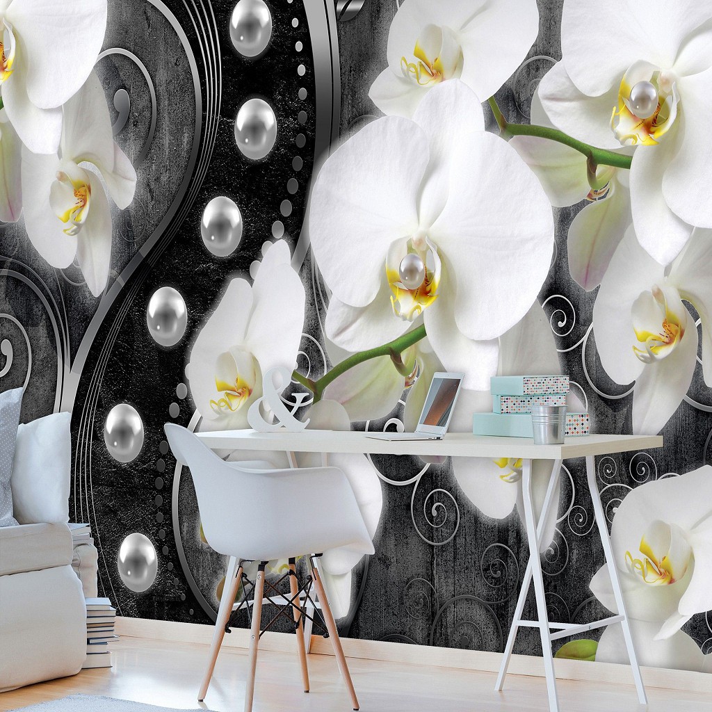 Флизелиновые фото обои цветы 416х254 см 3Д Белые орхидеи и жемчужины на черном фоне (2973VEXXXL)+клей
