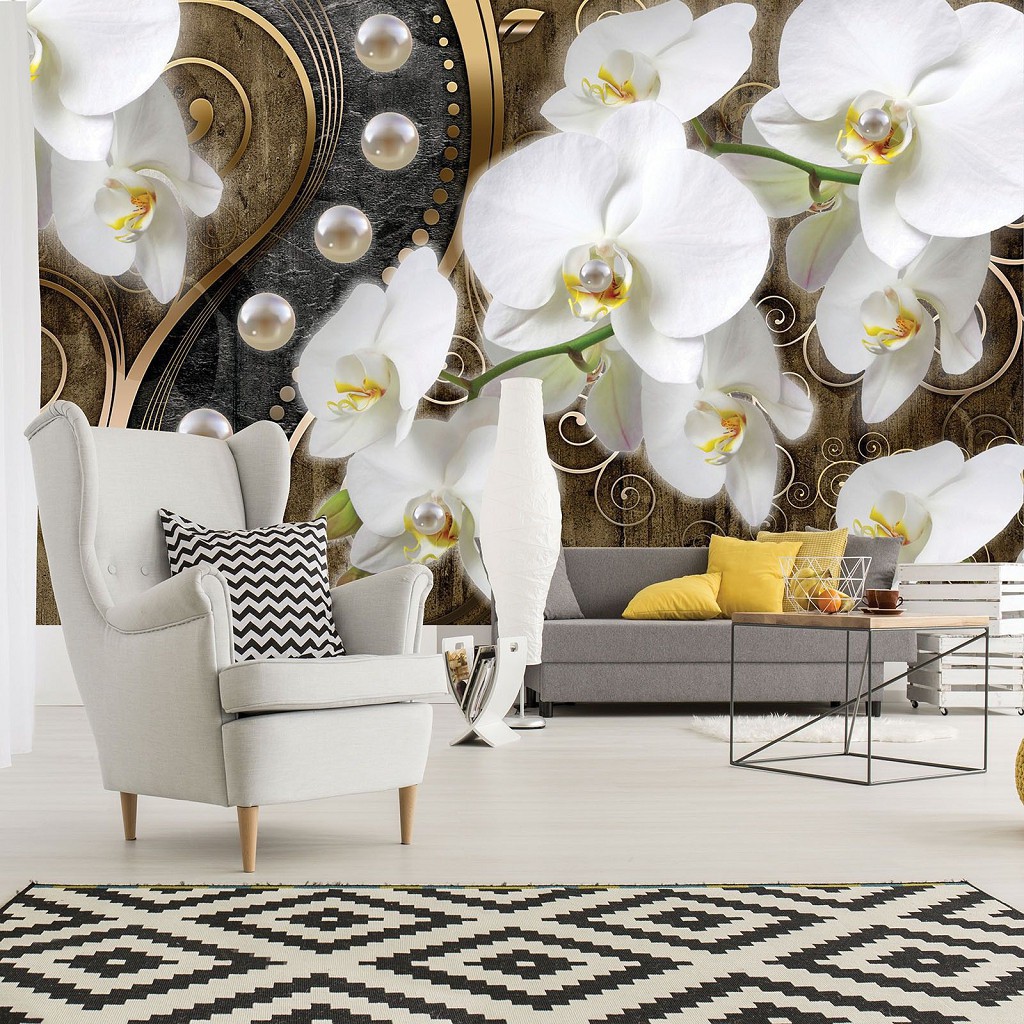 Абстракція флізелінові фотошпалери квіти 368x254 см 3Д Білі орхідеї та перлини на коричневий фон (2974V8)+клей
