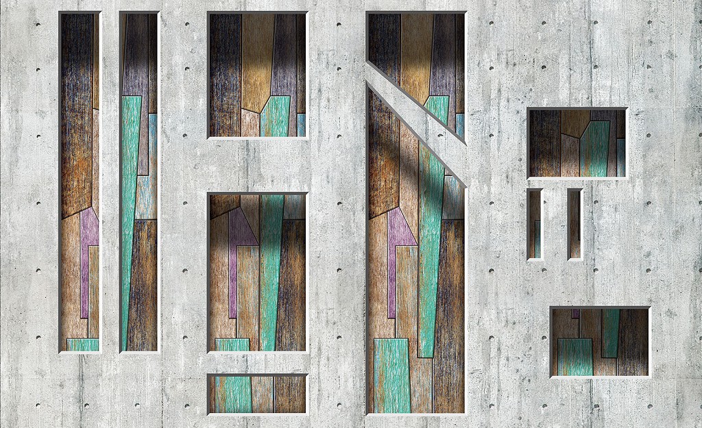 Флізелінові 3д фотошпалери фото 416x254 см Кольорові дерев'яні дошки за бетонною стіною (3009VEXXXL)+клей