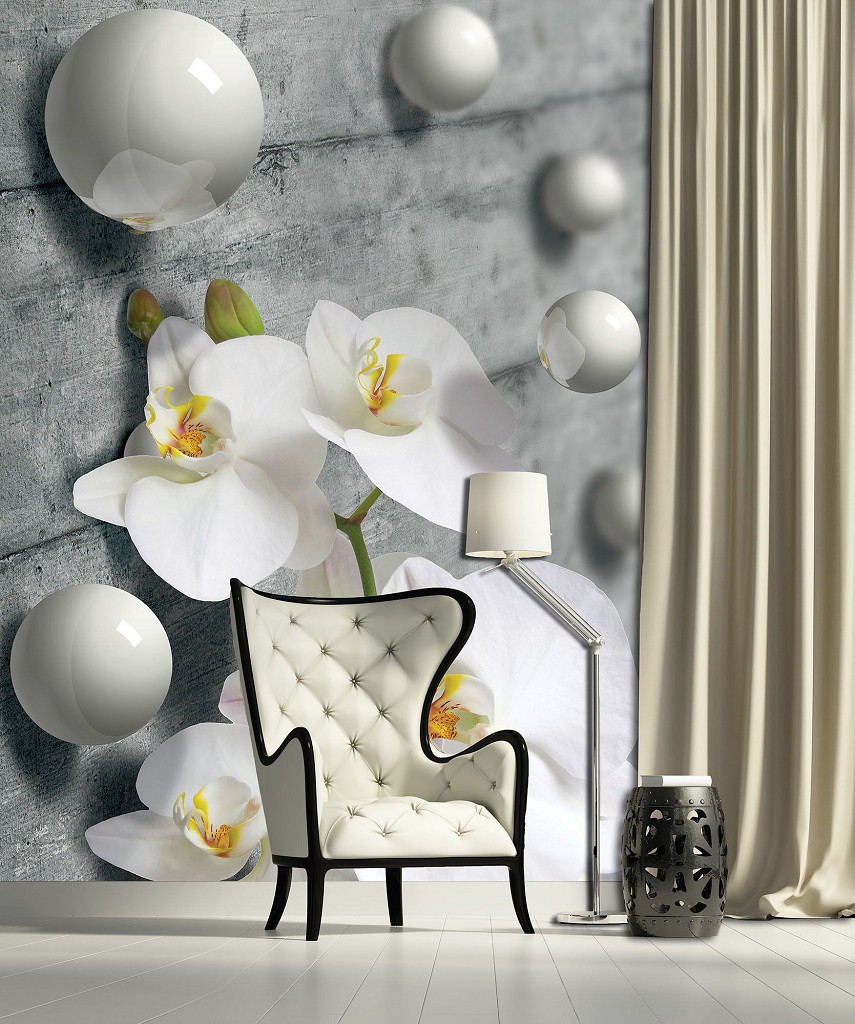 Абстракция флизелиновые фотообои на стену цветы 206x275 см 3Д Серые шарики и белые орхидеи (3013VEA)+клей