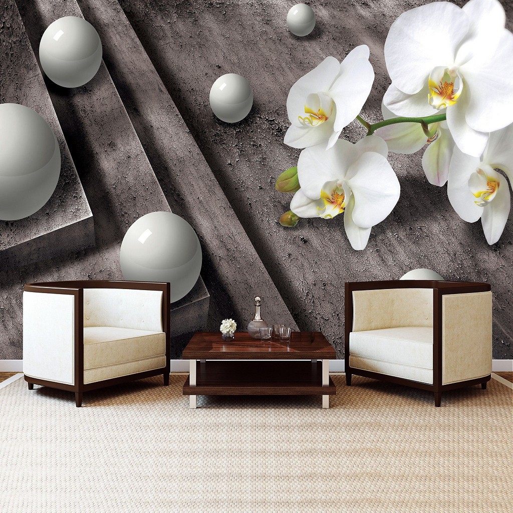 Флізелінові фотошпалери квіти 416x254 см 3Д сірі кулі та орхідеї (3015VEXXXL)+клей