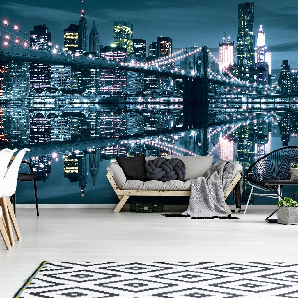 Флизелиновые фотообои город в коридор 254x184 см Нью-Йоркский мост ночью (3022V4)+клей