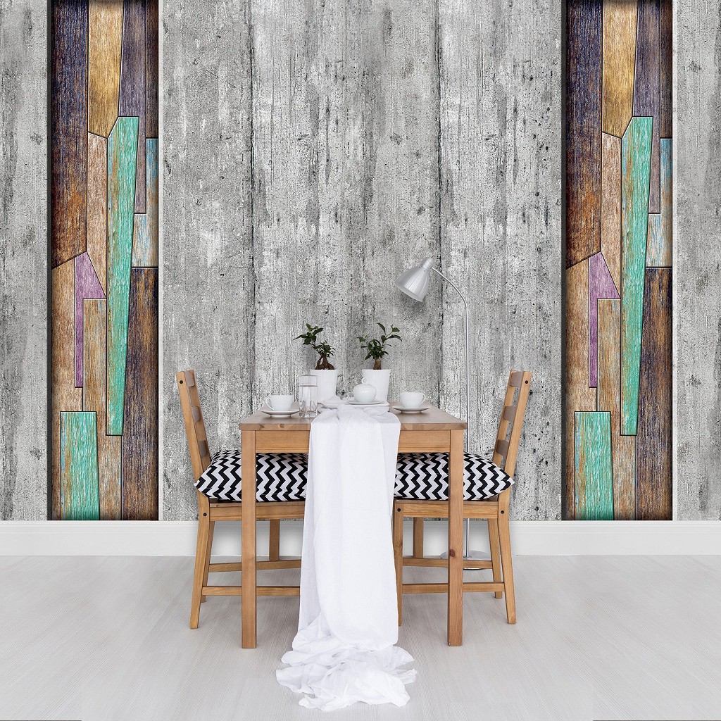 Флізелінові фотошпалери з малюнком під дерево 312x219 см Сірі і барвисті дерев'яні дошки (3032VEXXL)+клей