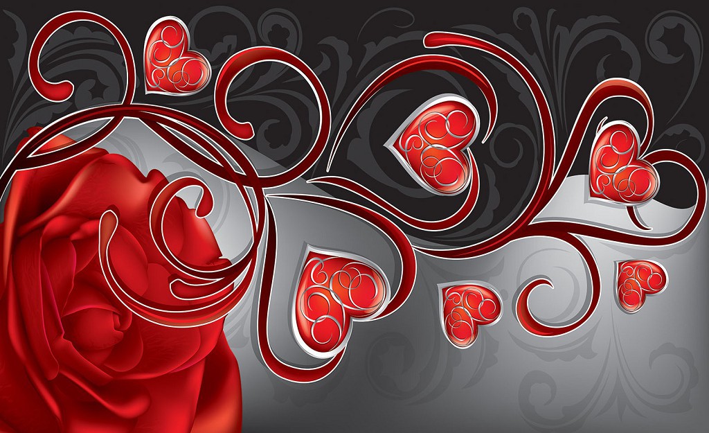 Флизелиновые фотообои в спальню над кроватью фото 312x219 см Красные сердечки и роза (303VEXXL)+клей