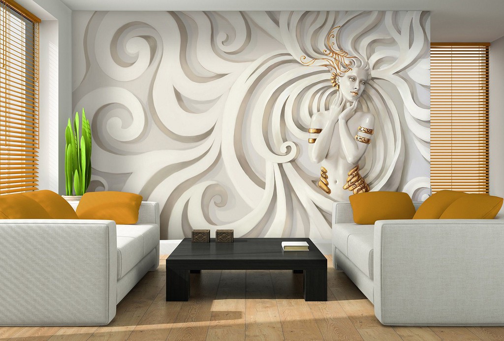 Флизелиновые фотообои на стену 3д Барельеф 416x254 см Скульптура женщины с золотыми украшениями (3046VEXXXL)+клей