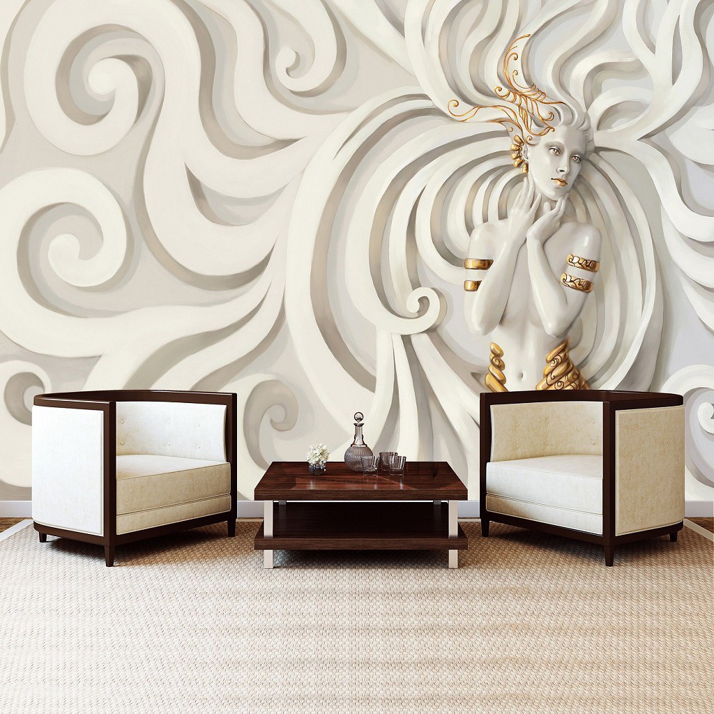 Флізелінові фотошпалери в інтер'єрі 3д Барельєф 312x219 см Скульптура жінки з золотими прикрасами (3046VEXXL)+клей