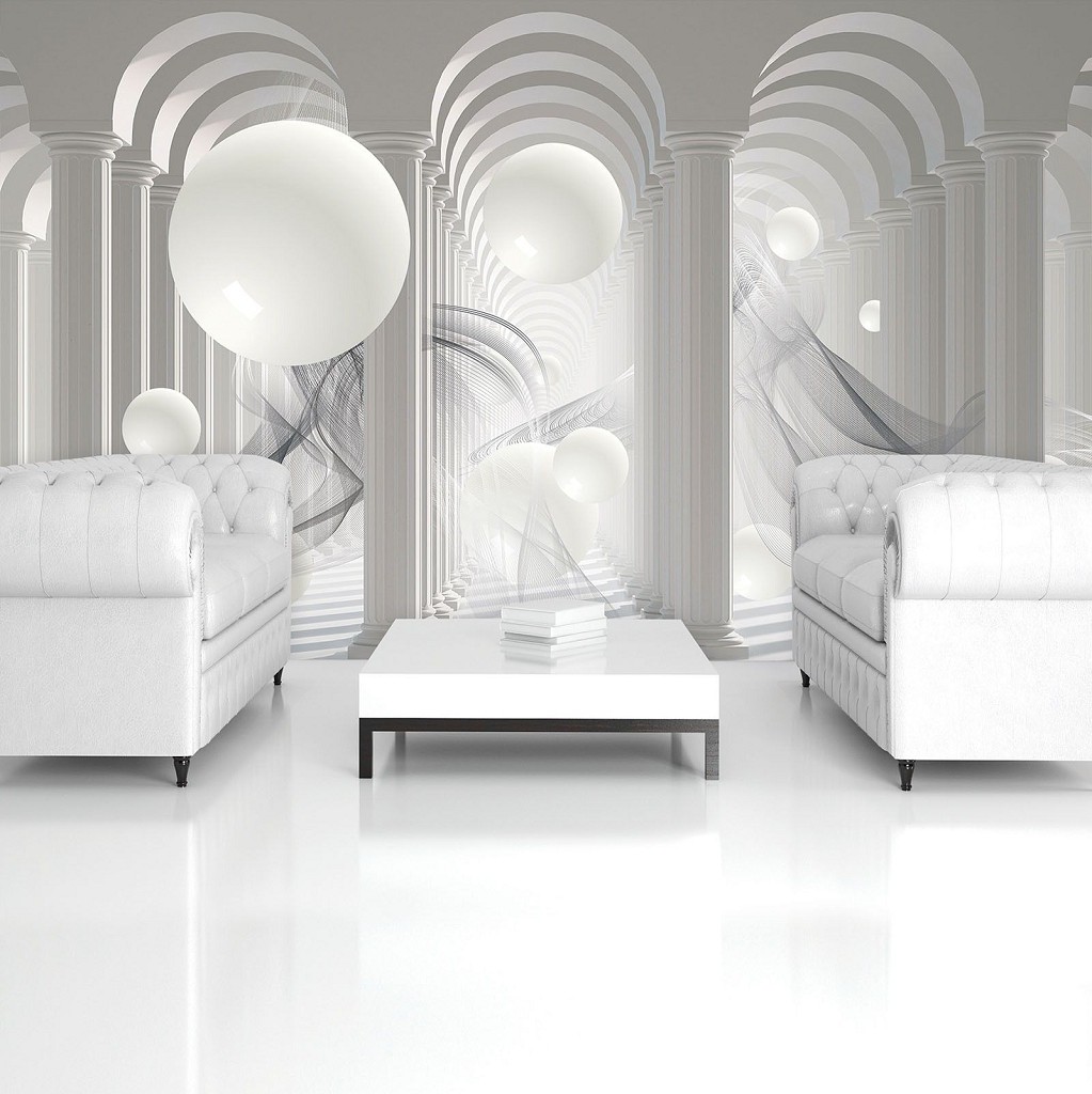 3 д флизелиновые фотообои коридор тоннель 416x254 см Арки из колонн и белые шары (3049VEXXXL)+клей