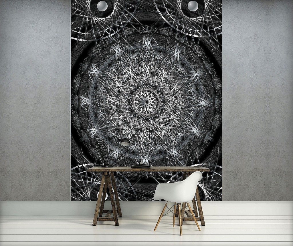 Флизелиновые фотообои круги 206x275 см Серебряная мандала на черном фоне (3050VEA)+клей