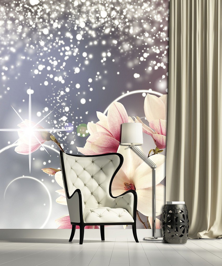 Флізелінові фотошпалери красиві 184x254 см Квіти магнолії та блиск на сірий фон (3054V4A)+клей