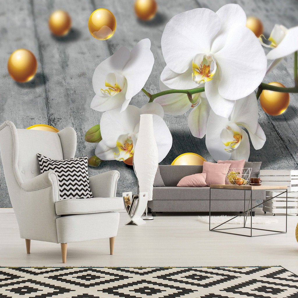 Флизелиновые фотообои 3д цветы 254x184 см Белые орхидеи и золотые шарики на сером фоне (3067V4)+клей