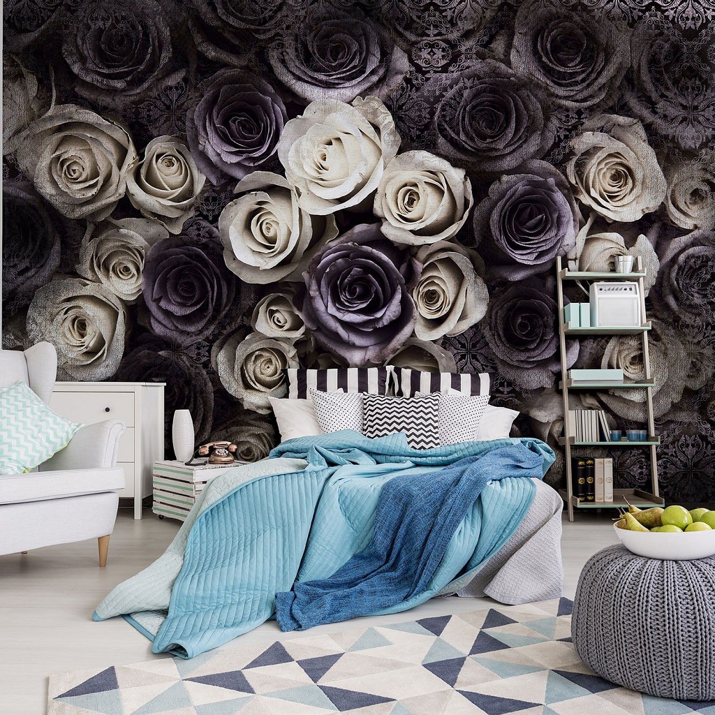 Популярні флізелінові фотошпалери квіти 416x254 см Готичні білі та темно-фіолетові троянди (3122VEXXXL)+клей
