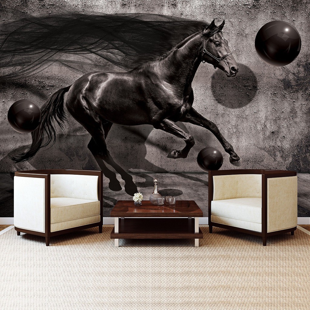 Флізелінові фотошпалери 254x184 см Чорний кінь та 3д кулі (3137V4)+клей