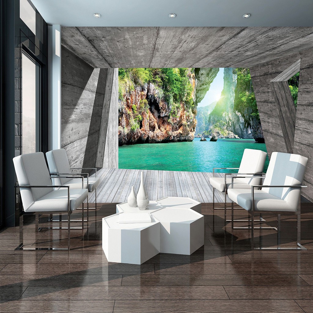 Флізелінові фотошпалери фото 3д море сіра кімната 312x219 см Вид на скелястий острів (3141VEXXL)+клей