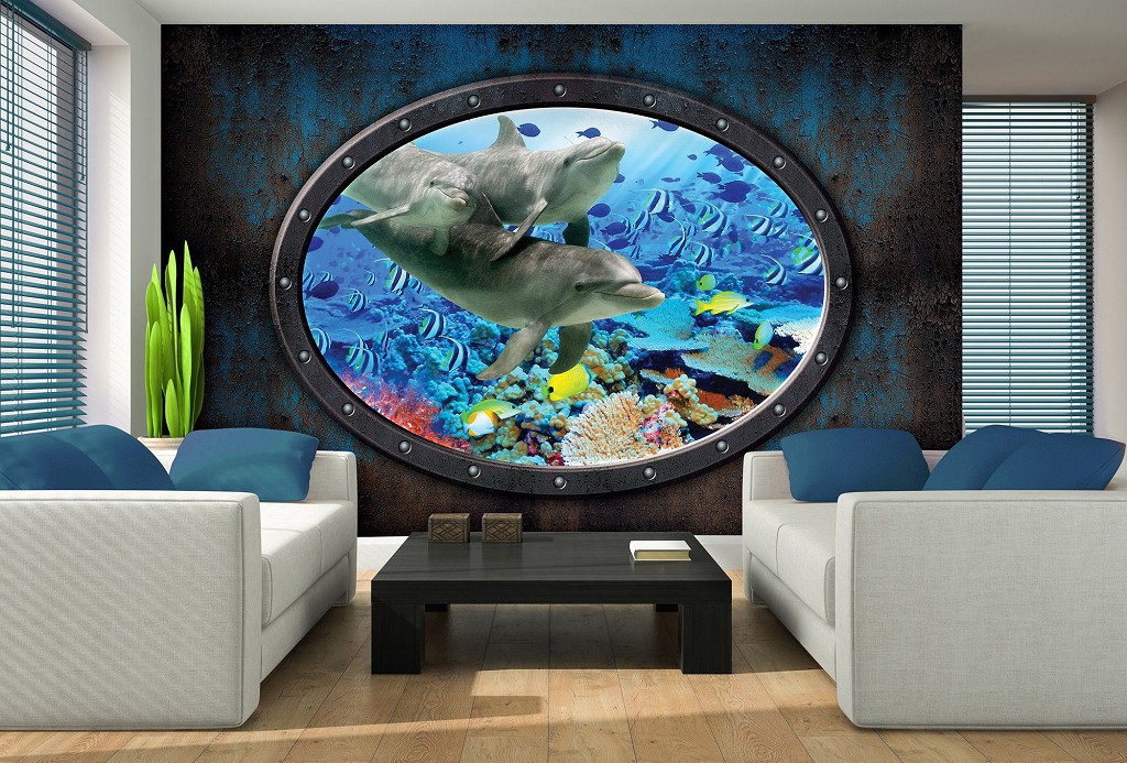 Флізелінові фотошпалери з природою 3д Коралові рибки за овальним вікном 416x254 см Дельфіни в акваріумі (3195VEXXXL)+клей