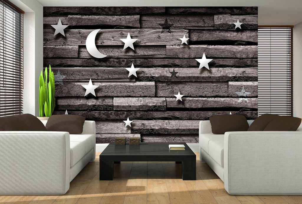 Флизелиновые серые фотообои под дерево 368x254 см Звезды и луна на досках (3224V8)+клей