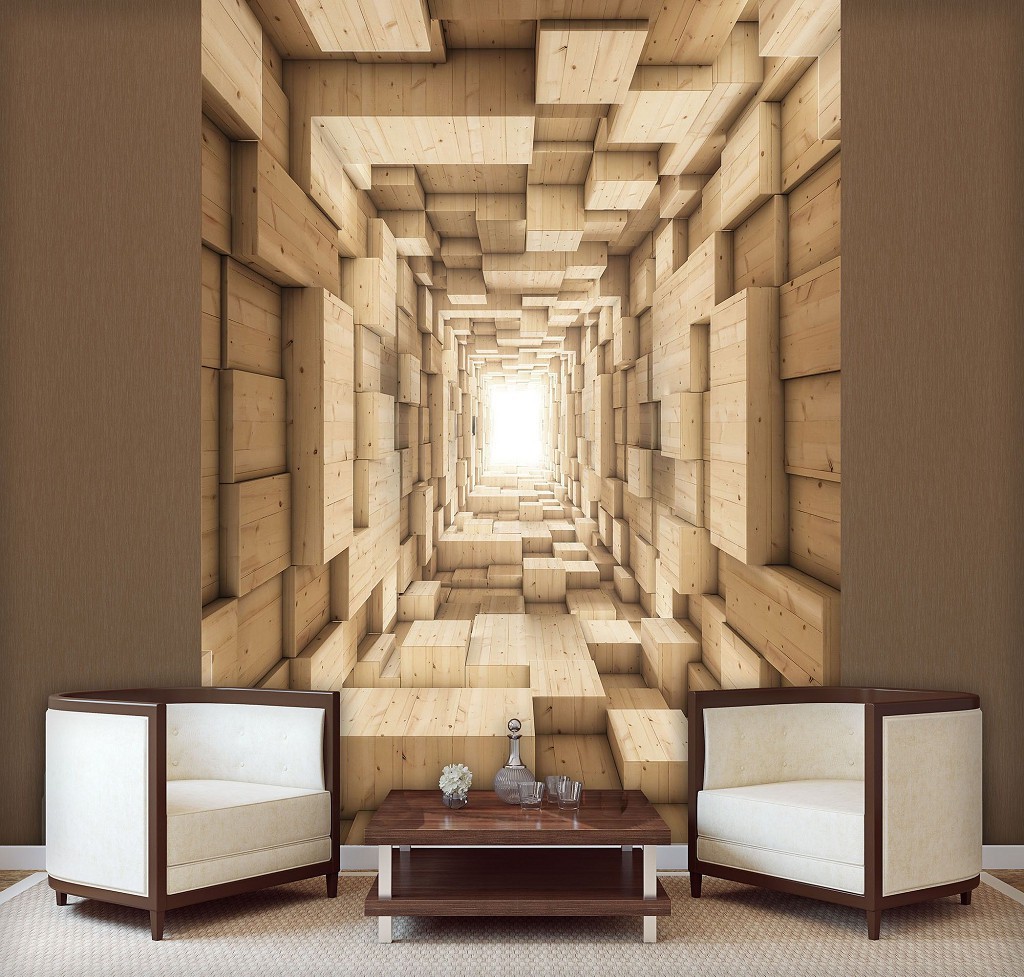 Абстракції флізелінові фотошпалери на стіні куби 184x254 см 3D коричневий дерев'яний тунель (3247V4A)+клей