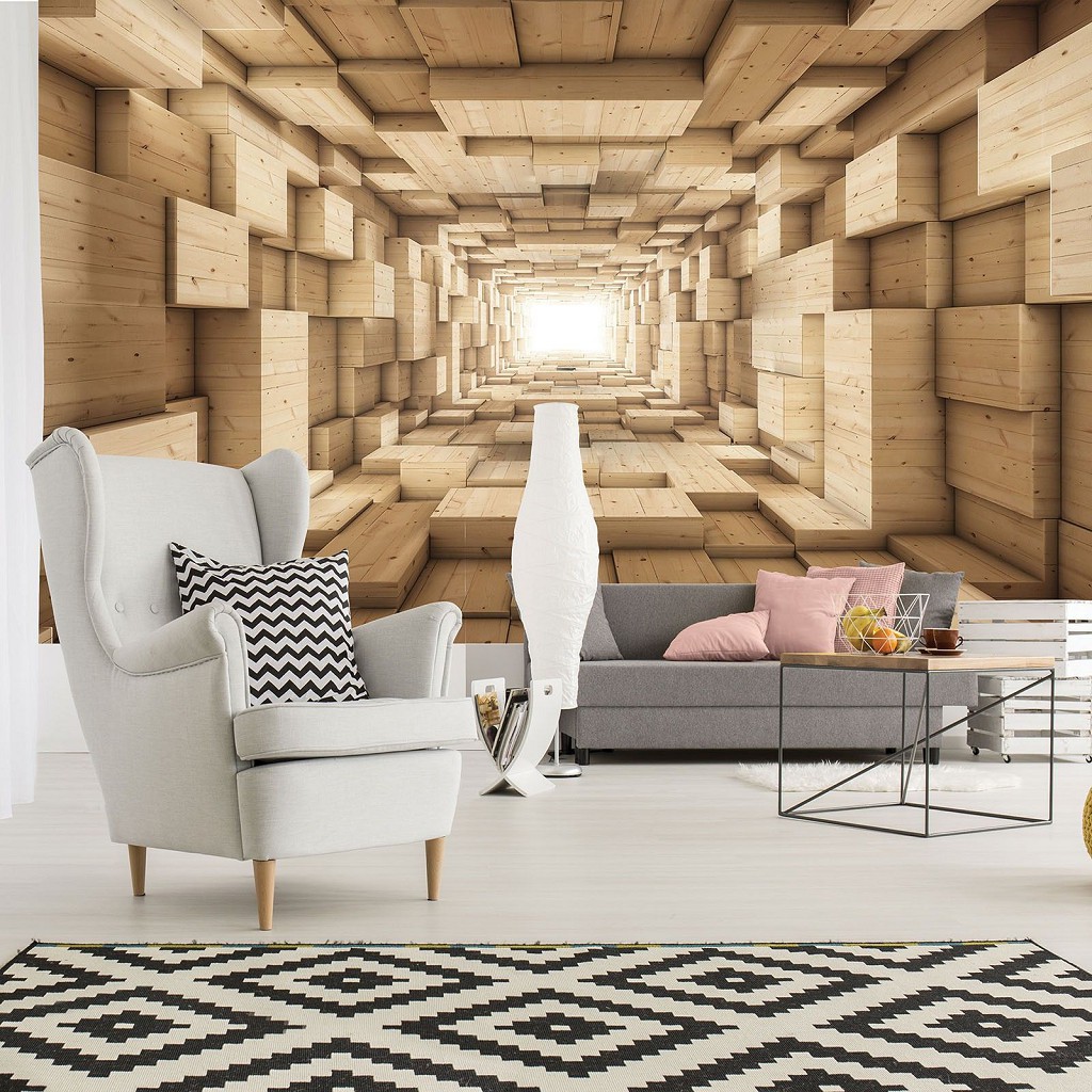 Флизелиновые фото обои кубы 368x254 см 3д коричневый деревянный туннель (3247V8)+клей