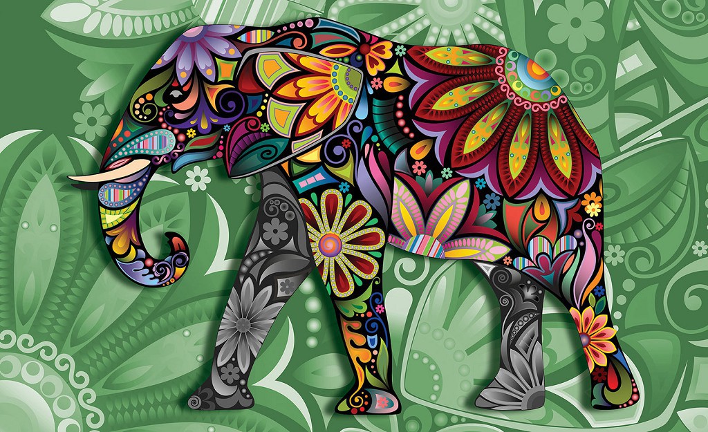 Флизелиновые фотообои для спальни 254x184 см Цветной слон на зеленом узорчатом фоне (3262V4)+клей