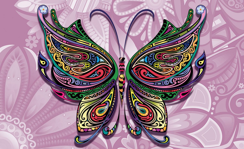 Флизелиновые фотообои на кухню 368x254 см Цветная бабочка на розовом узорчатом фоне (3263V8)+клей