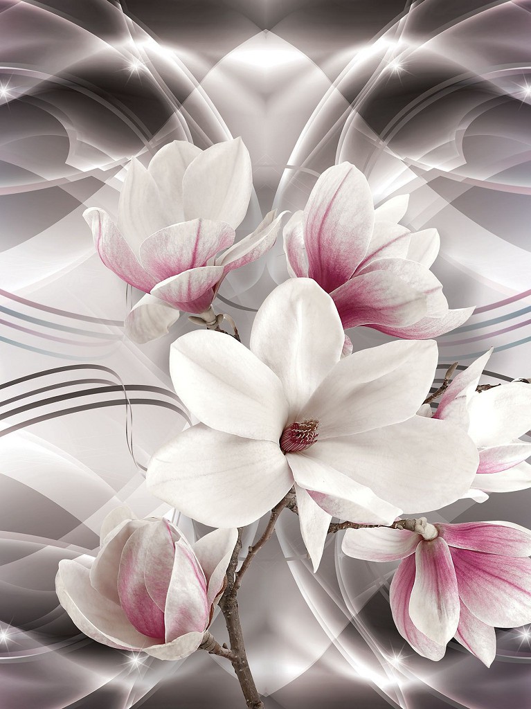 Абстракция флизелиновые 3д фотообои на стену 184x254 см Цветы магнолии и волнистый узор (3284V4A)+клей