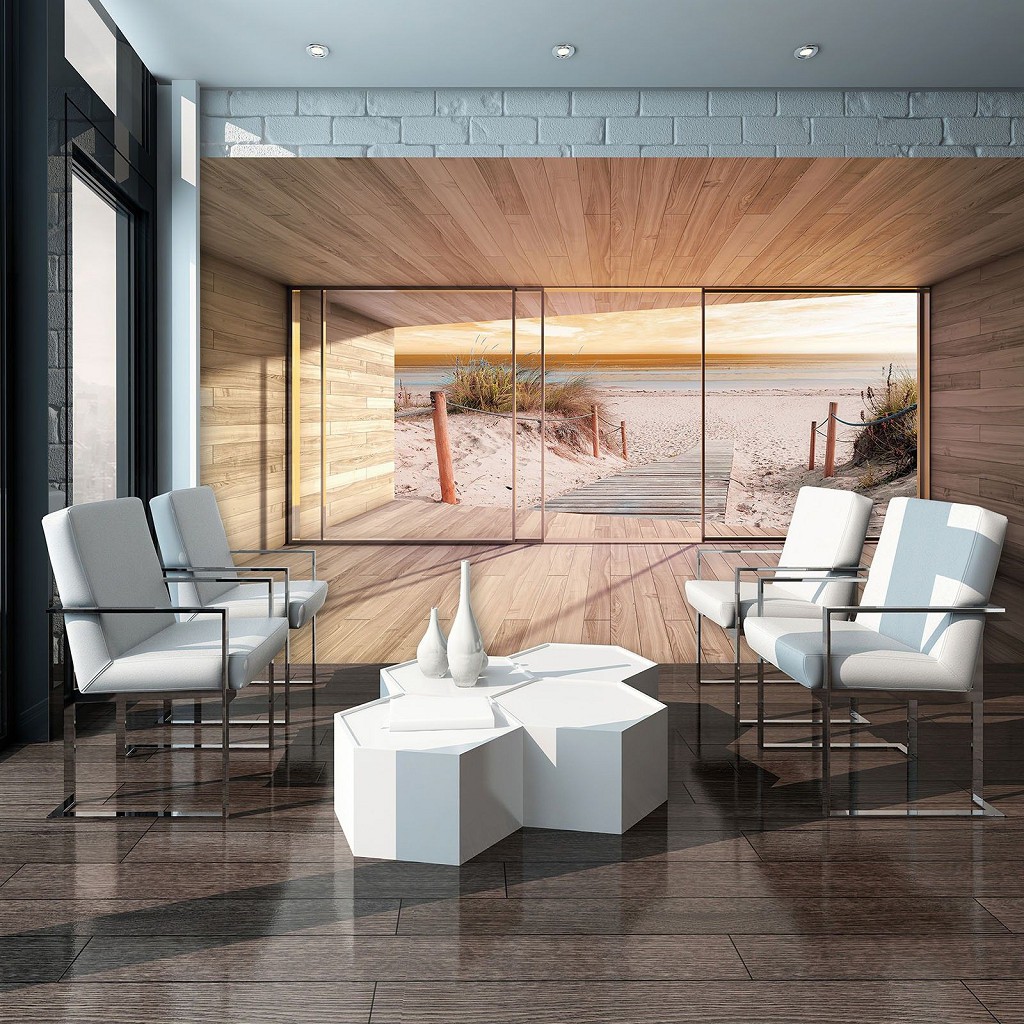 Флізелінові 3Д фотошпалери море на стіні 254x184 см Вид з вікна тераси на піщаному пляжі (3290V4)+клей