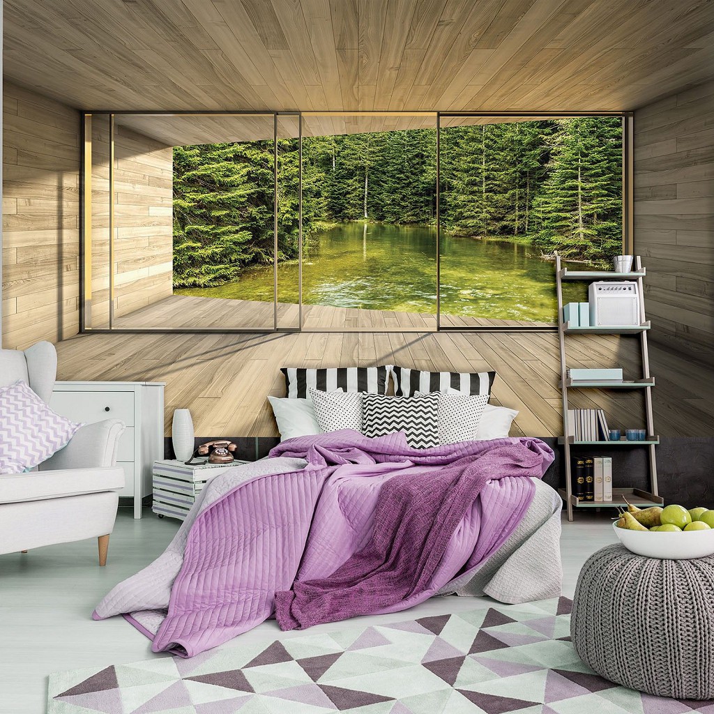 Флізелінові фотошпалери 3д 312x219 см Вид з вікна тераси на річку в хвойному лісі (3293VEXXL)+клей