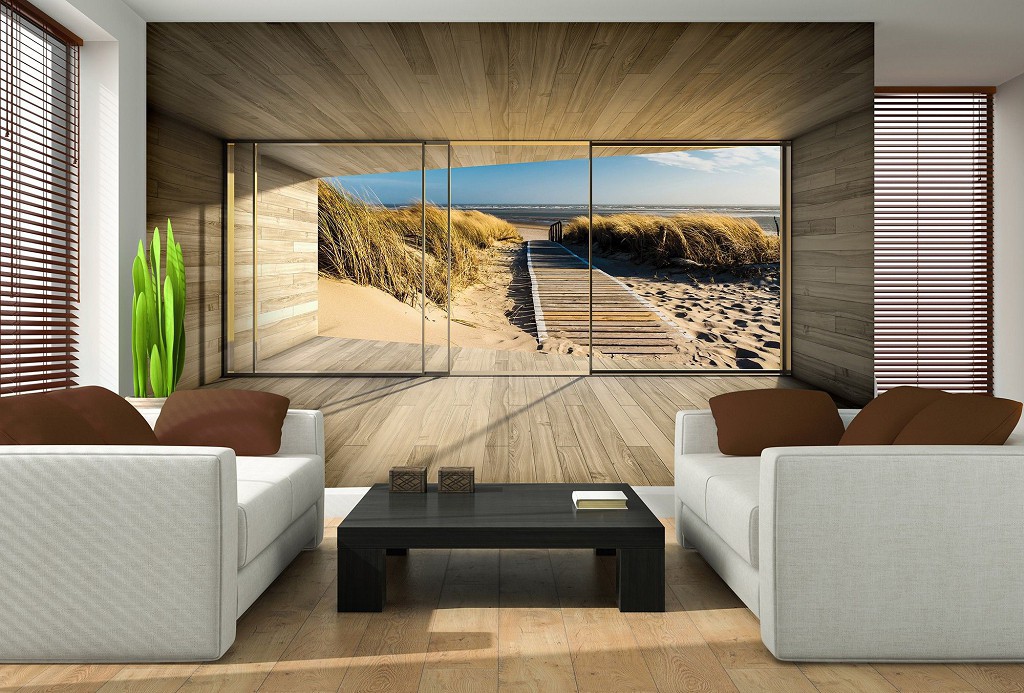 3д природа флизелиновые фотообои 416x254 см Вид из окна террасы на пляж с деревянной дорожкой (3297VEXXXL)+клей