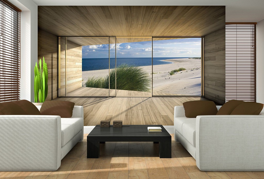 Флізелінові фотошпалери з природою в інтер'єрі 368x254 см 3д Вид з вікна на океан і пляж (3299V8)+клей