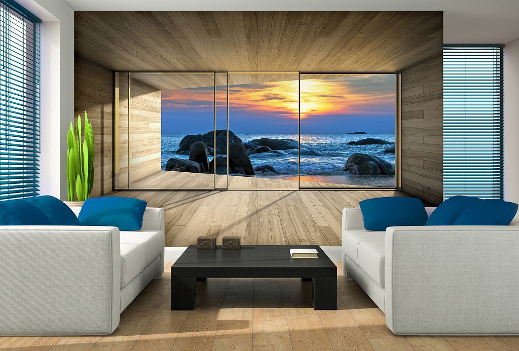 Флізелінові 3д фотошпалери морська тематика 368x254 см Вид з вікна тераси на синій пляж (3302V8)+клей