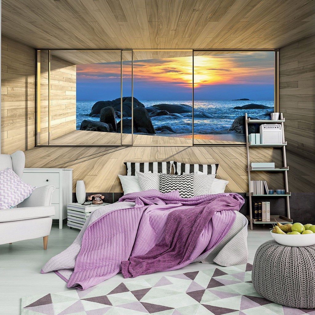 Океан флізелінові 3д фотошпалери 312x219 см Вид з вікна тераси на синій пляж (3302VEXXL)+клей